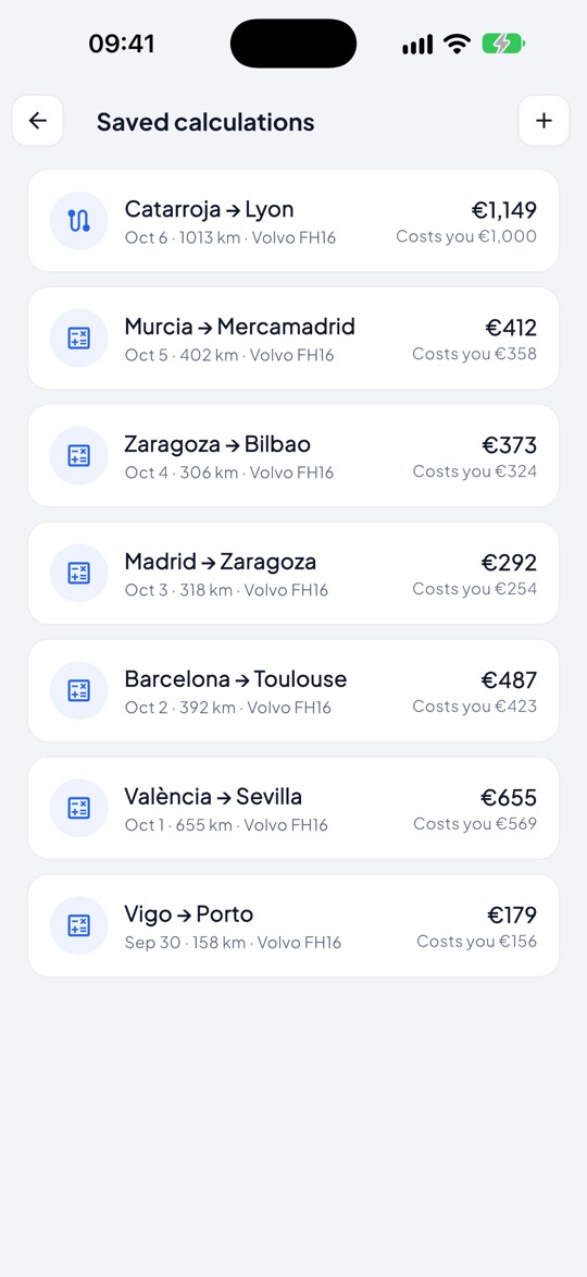 Saved haul quotes, each with its price