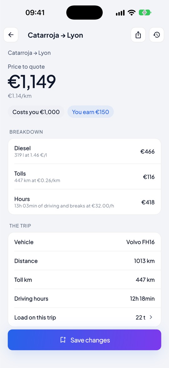 The result: the price to quote and its breakdown