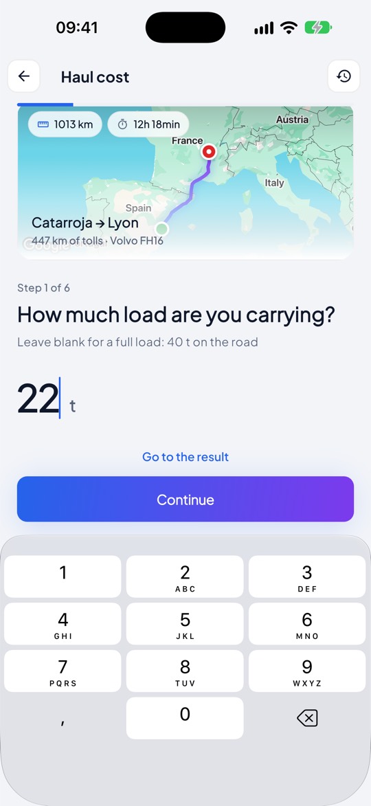 The haul cost assistant opened from a trip: one question per screen